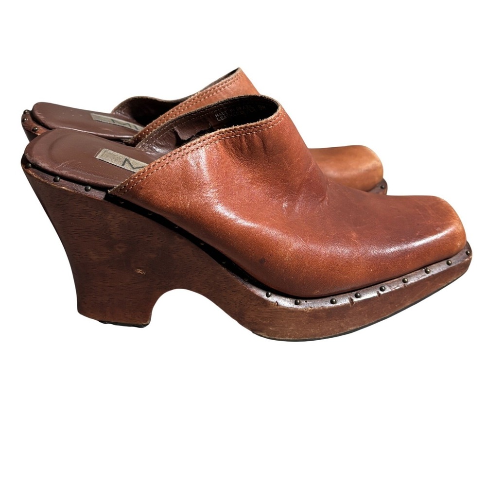 MIA Vintage 9M Leather Wooden Swedish Platform Clogs Square Toe Studded Mules